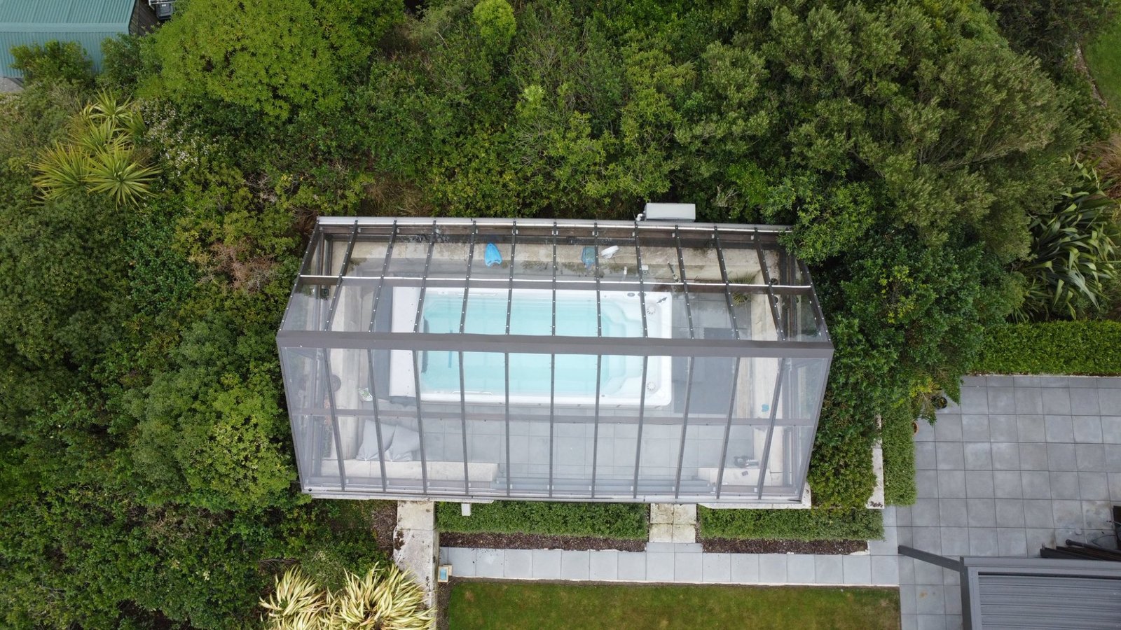 Aerial view of glass pool enclosure